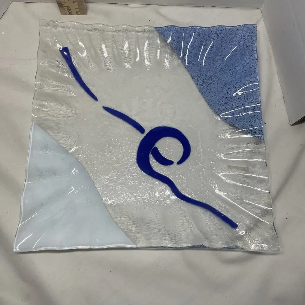 Vintage 2 Sydenstricker Fused Glass Plate And Bowl Set Abstract Blue & white